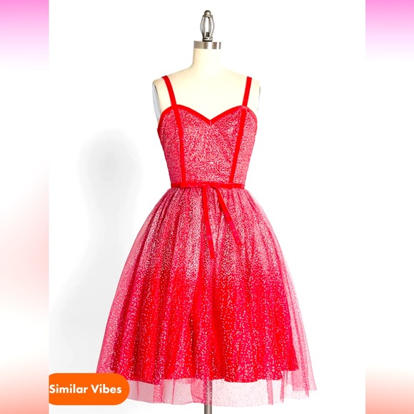 ModCloth Collectif Haute Holiday Party Swing Dress Red Crystals Embellished - Picture 2 of 7